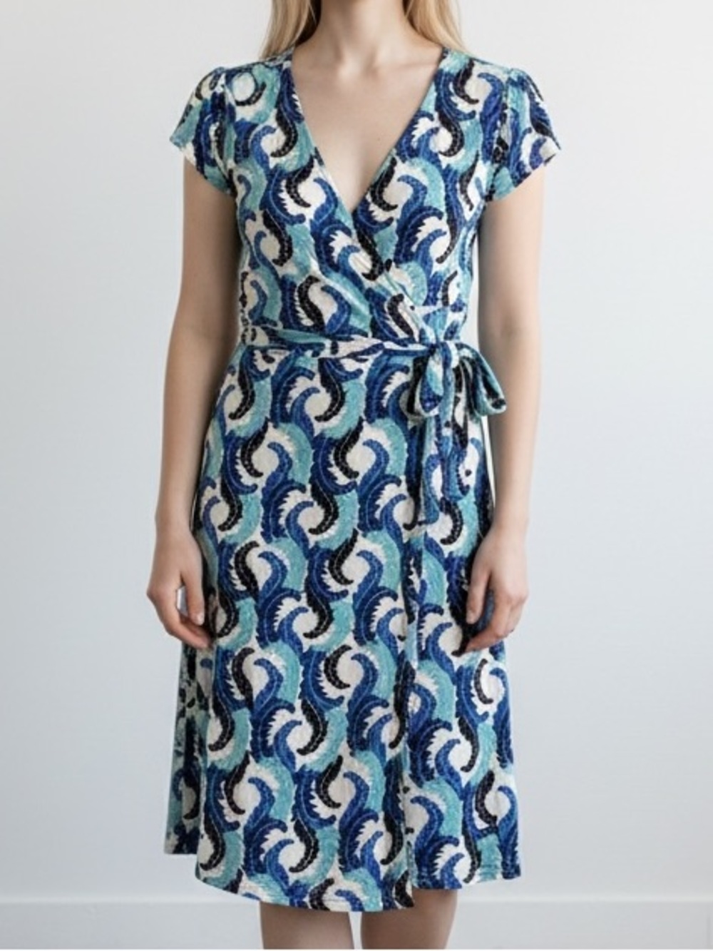 Boden Blue Leaf Summer Short‎ Sleeve Wrap Dress Size 8 Petite
